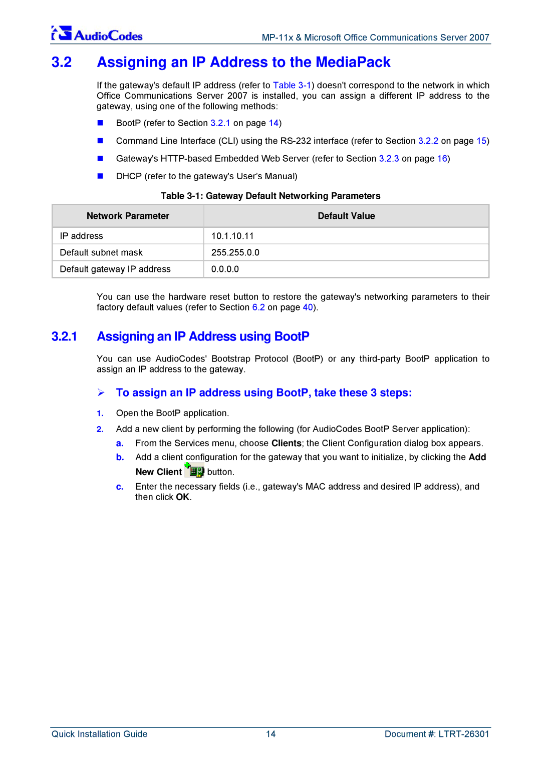 ADTRAN MP-118, MP-114 Assigning an IP Address to the MediaPack, Assigning an IP Address using BootP, New Client button 