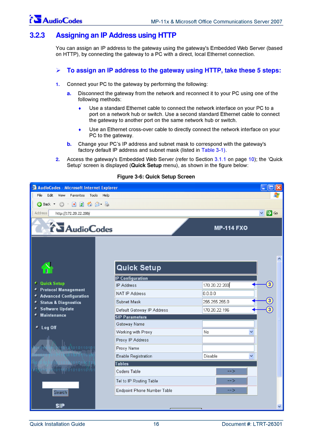 ADTRAN MP-118, MP-114 manual Assigning an IP Address using Http, Quick Setup Screen 