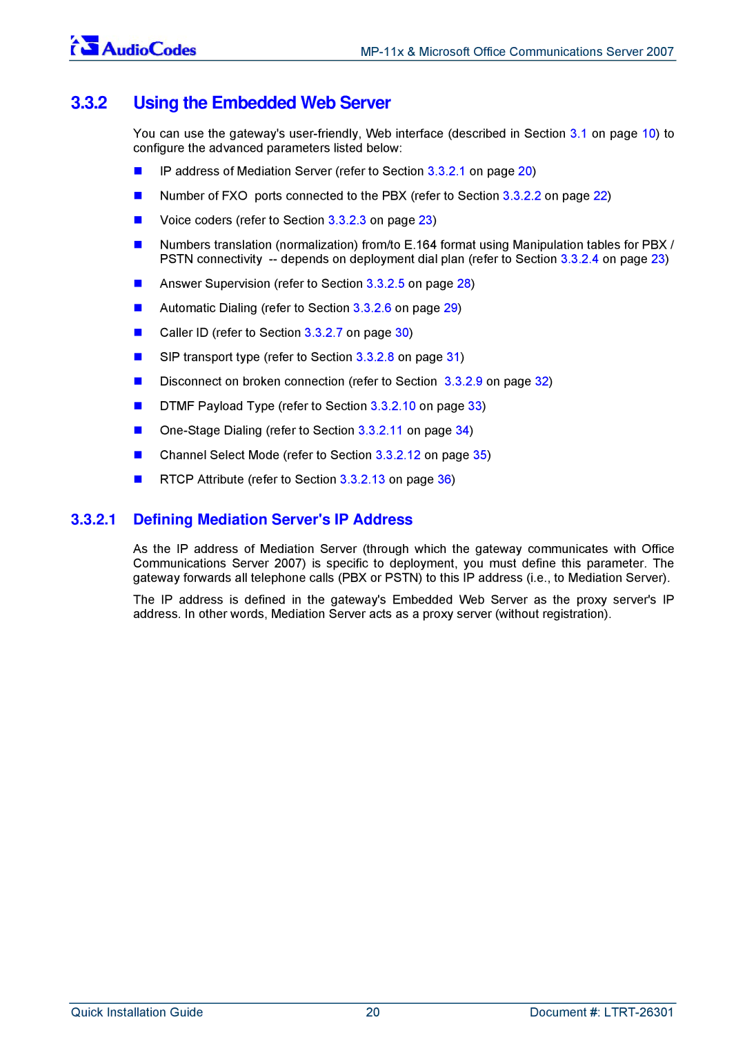 ADTRAN MP-118, MP-114 manual Using the Embedded Web Server, Defining Mediation Servers IP Address 