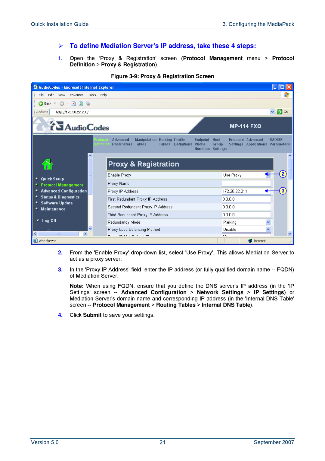 ADTRAN MP-114, MP-118 manual ¾ To define Mediation Servers IP address, take these 4 steps 