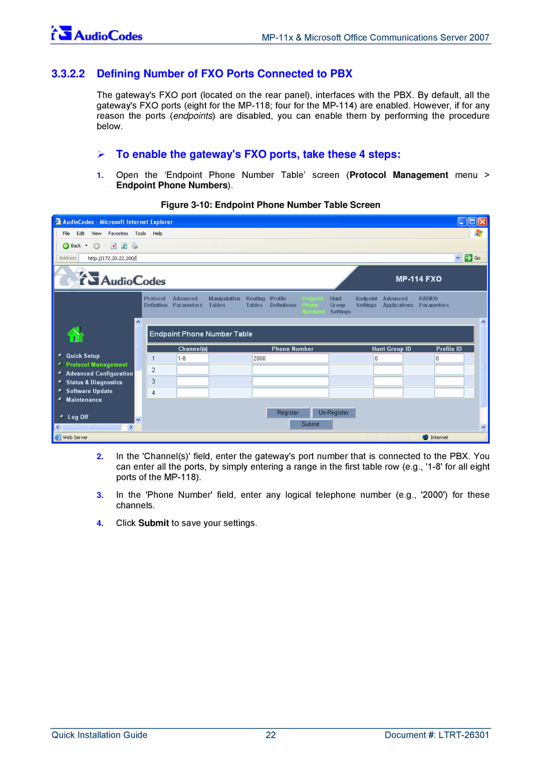 ADTRAN MP-118 manual Defining Number of FXO Ports Connected to PBX, ¾ To enable the gateways FXO ports, take these 4 steps 