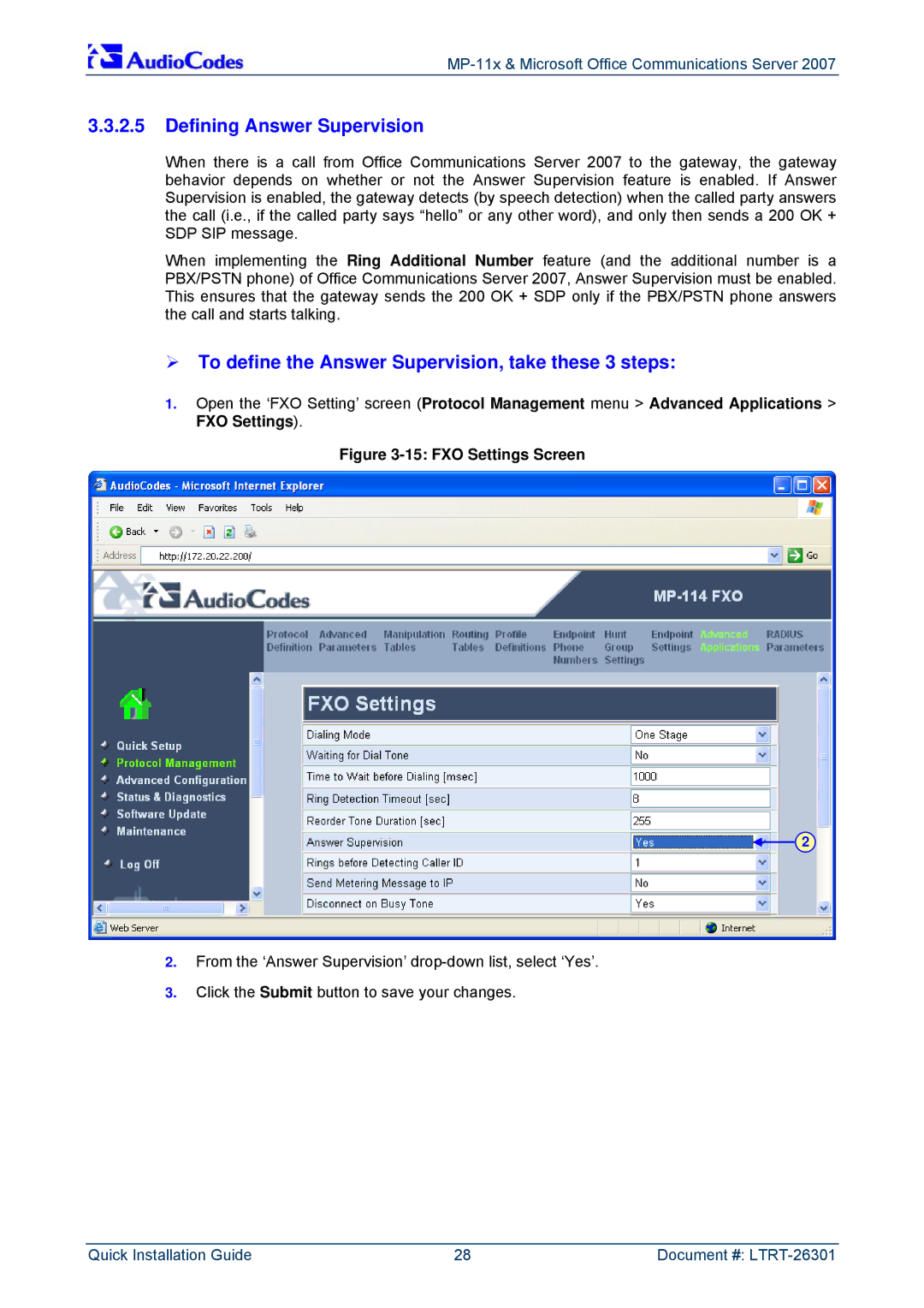 ADTRAN MP-118, MP-114 manual Defining Answer Supervision, ¾ To define the Answer Supervision, take these 3 steps 