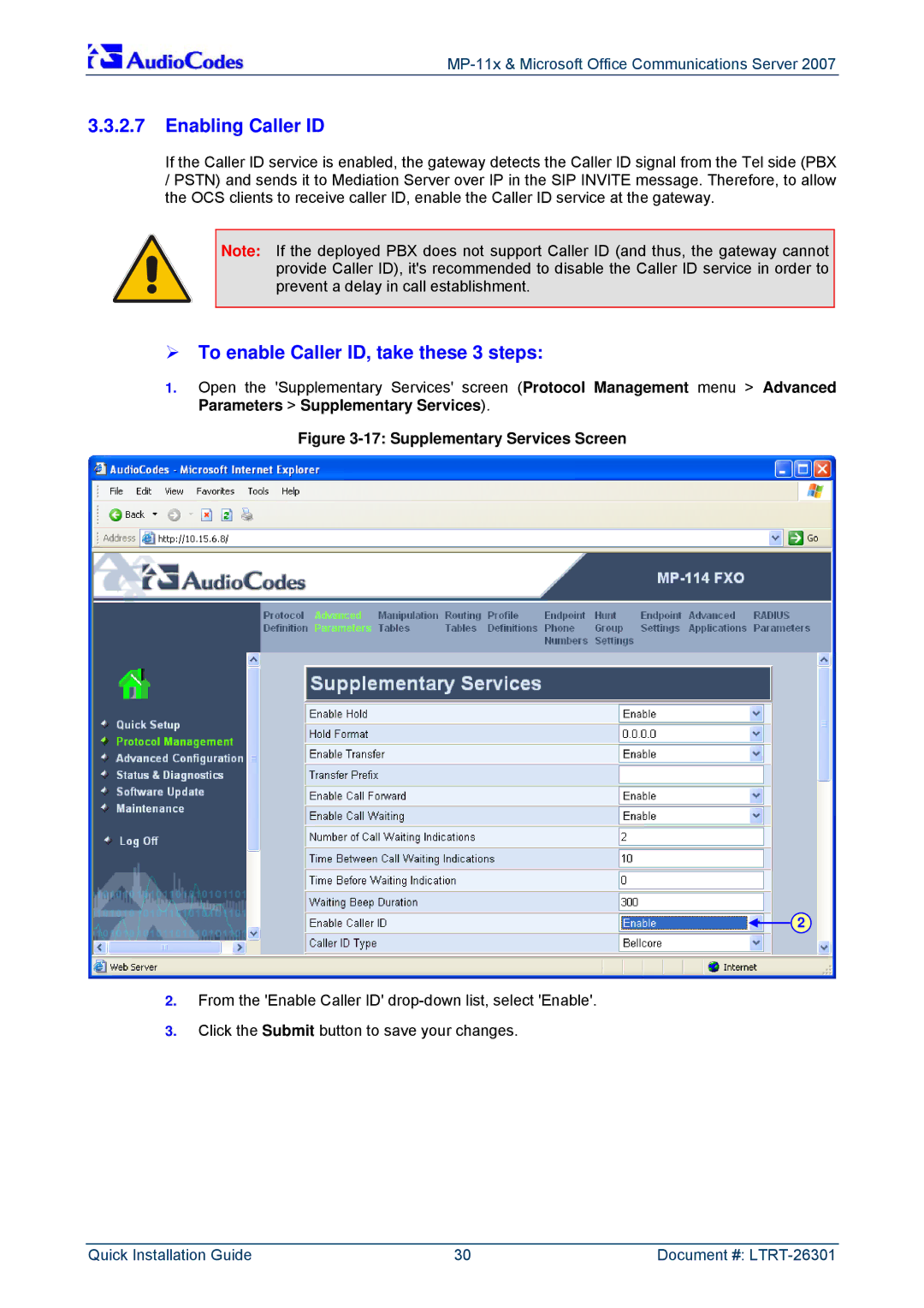 ADTRAN MP-118, MP-114 manual Enabling Caller ID, ¾ To enable Caller ID, take these 3 steps 