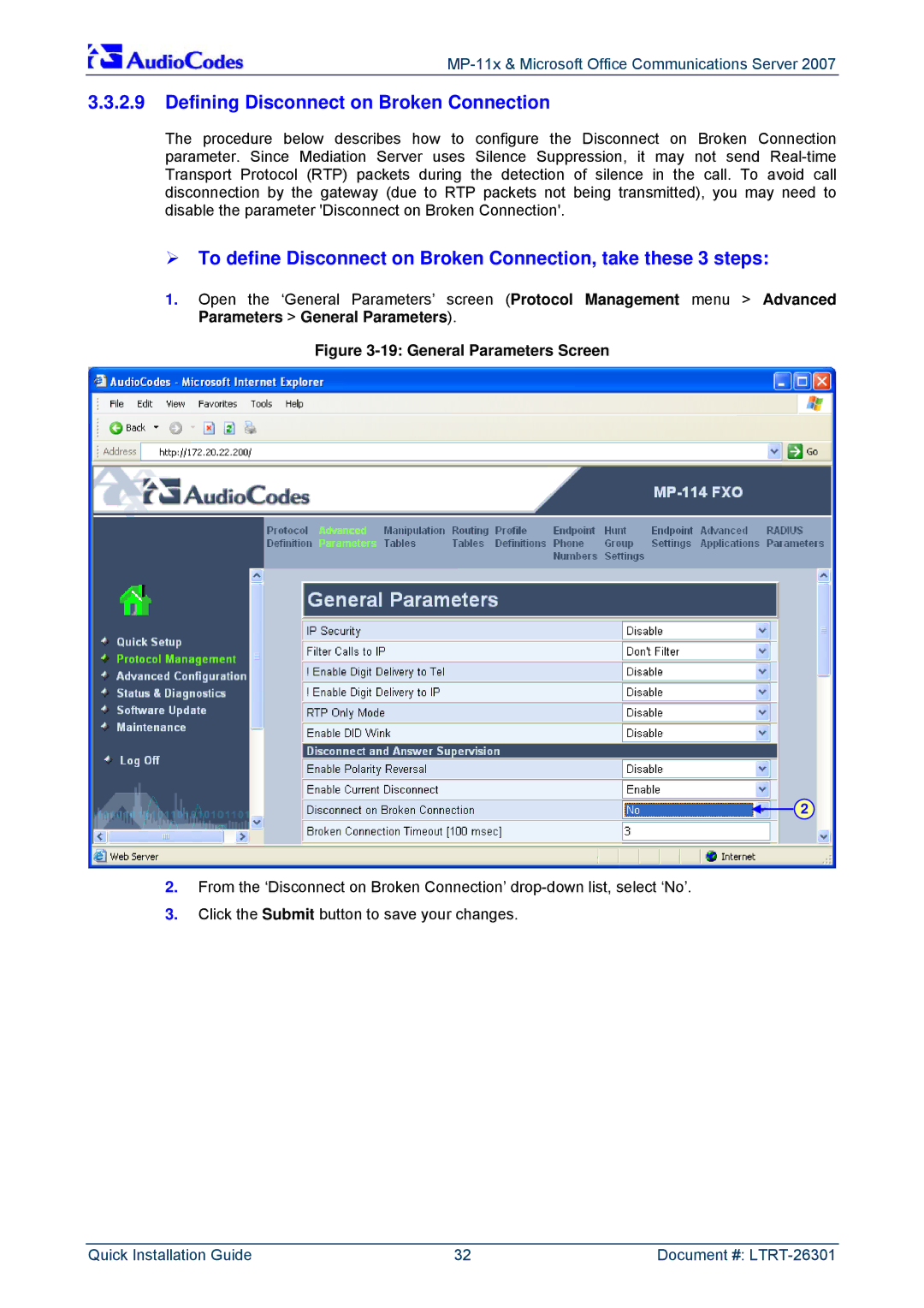 ADTRAN MP-118, MP-114 manual Defining Disconnect on Broken Connection, General Parameters Screen 