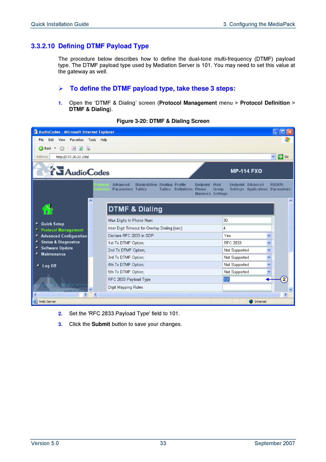 ADTRAN MP-114, MP-118 manual Defining Dtmf Payload Type, ¾ To define the Dtmf payload type, take these 3 steps 