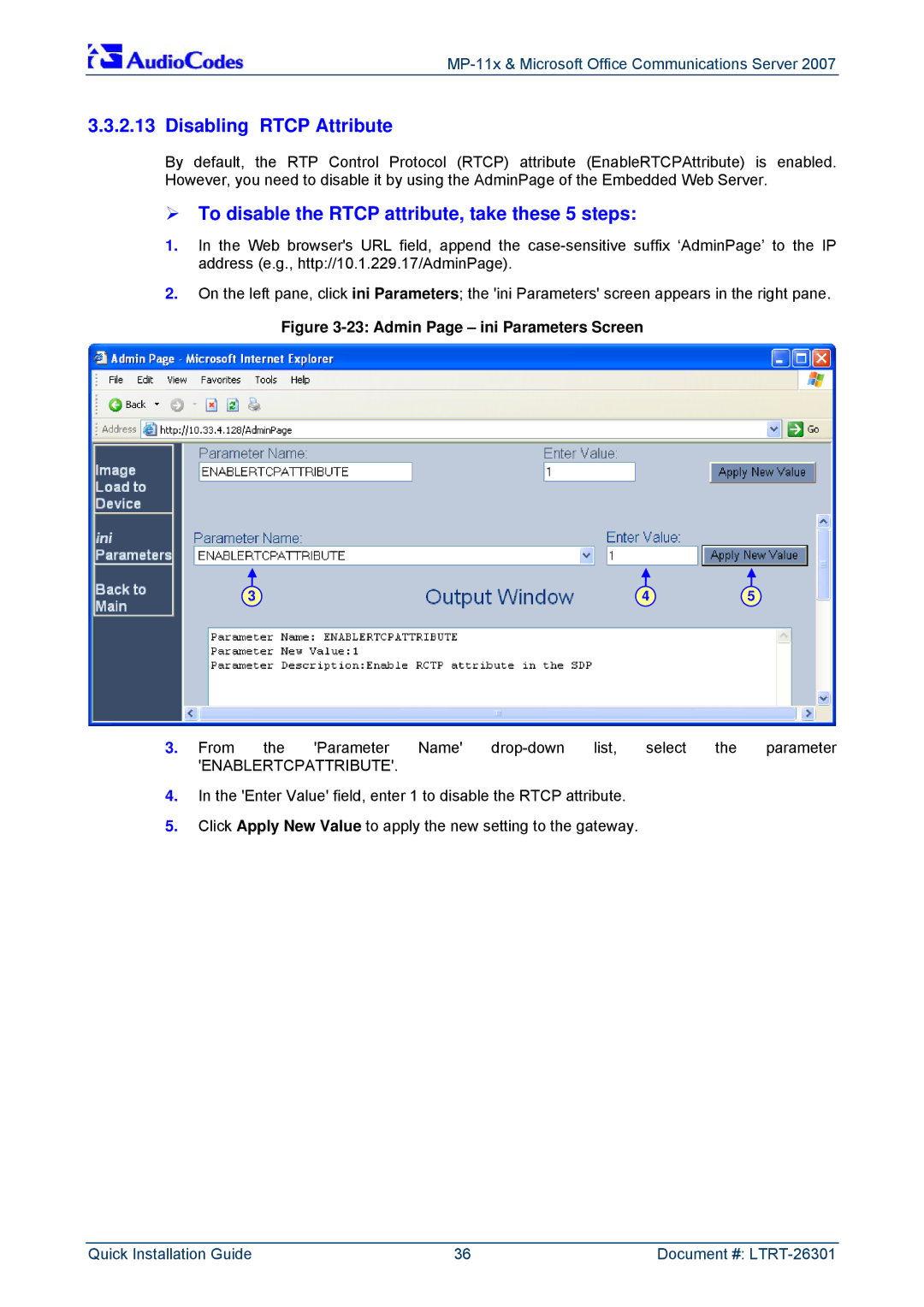 ADTRAN MP-118, MP-114 manual Disabling Rtcp Attribute, ¾ To disable the Rtcp attribute, take these 5 steps 