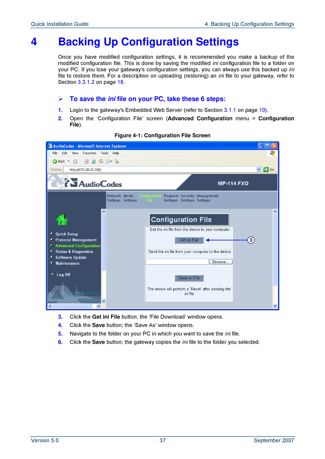 ADTRAN MP-114, MP-118 manual Backing Up Configuration Settings, ¾ To save the ini file on your PC, take these 6 steps 