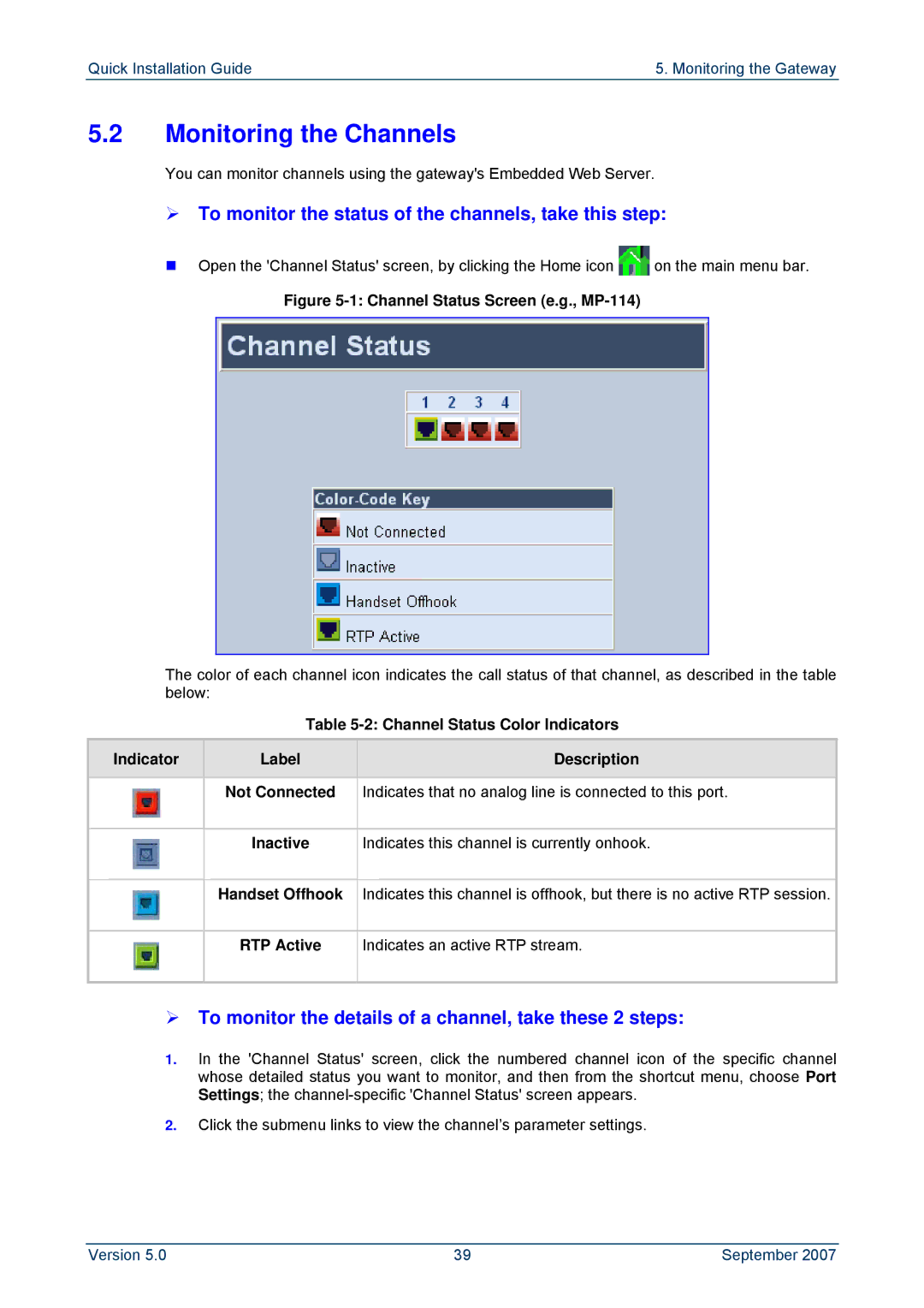 ADTRAN MP-114, MP-118 manual Monitoring the Channels, ¾ To monitor the status of the channels, take this step 