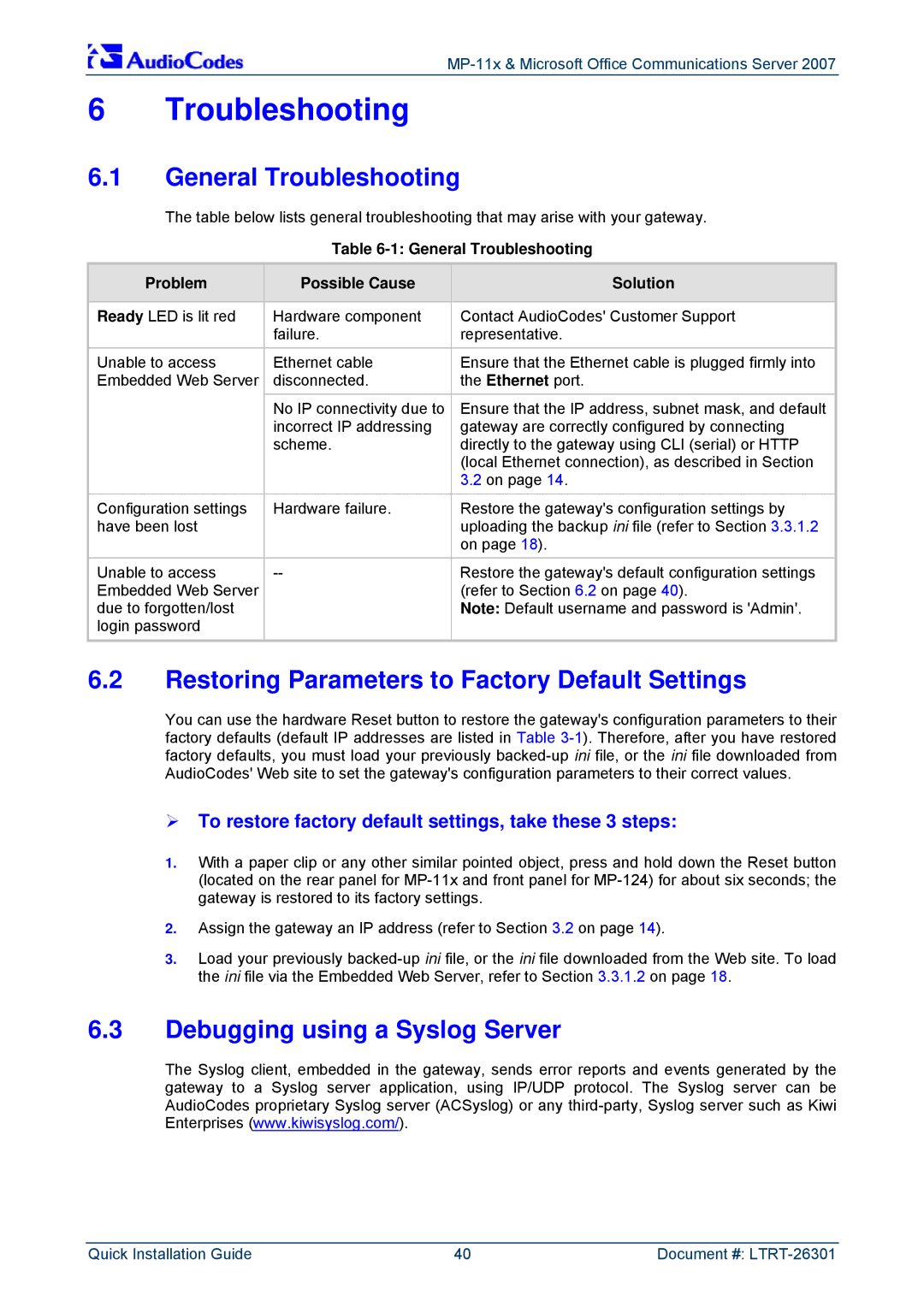 ADTRAN MP-118, MP-114 manual General Troubleshooting, Restoring Parameters to Factory Default Settings 