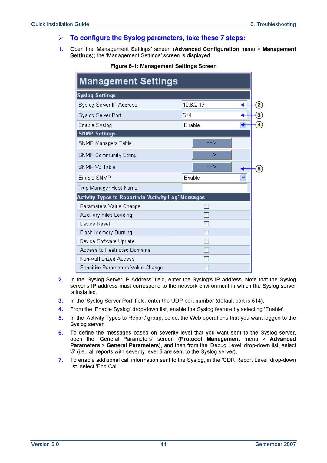 ADTRAN MP-114, MP-118 manual ¾ To configure the Syslog parameters, take these 7 steps, Management Settings Screen 