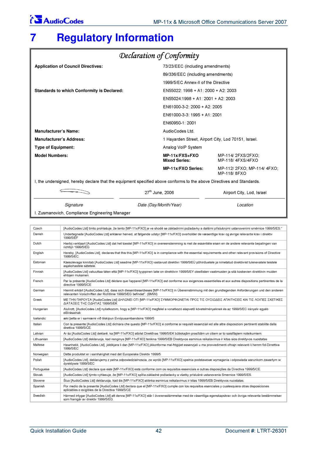 ADTRAN MP-118, MP-114 manual Regulatory Information 