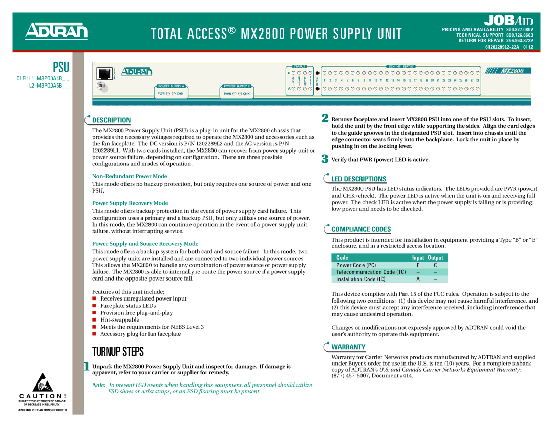 ADTRAN MX2800 warranty LED Descriptions, Compliance Codes, Warranty 