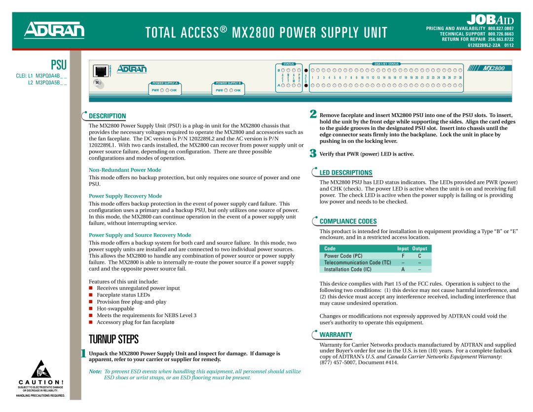 ADTRAN warranty TOTAL ACCESS MX2800 POWER SUPPLY UNIT, Jobaid, Turnup Steps, Led Descriptions, Compliance Codes 