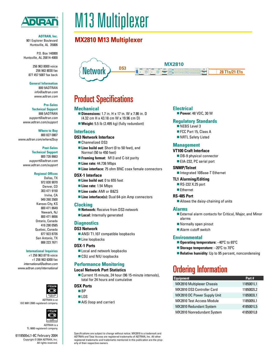 ADTRAN MX2810 M13 Mechanical, Interfaces, Clocking, Diagnostics, Performance Monitoring, Electrical, Regulatory Standards 