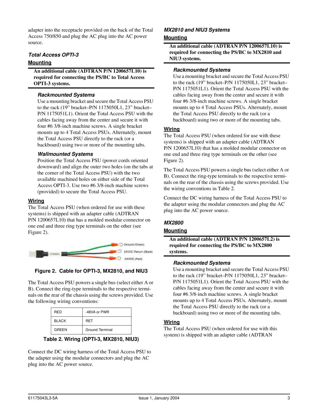 ADTRAN warranty Total Access OPTI-3, Rackmounted Systems, Wallmounted Systems, MX2810 and NIU3 Systems, MX2800 