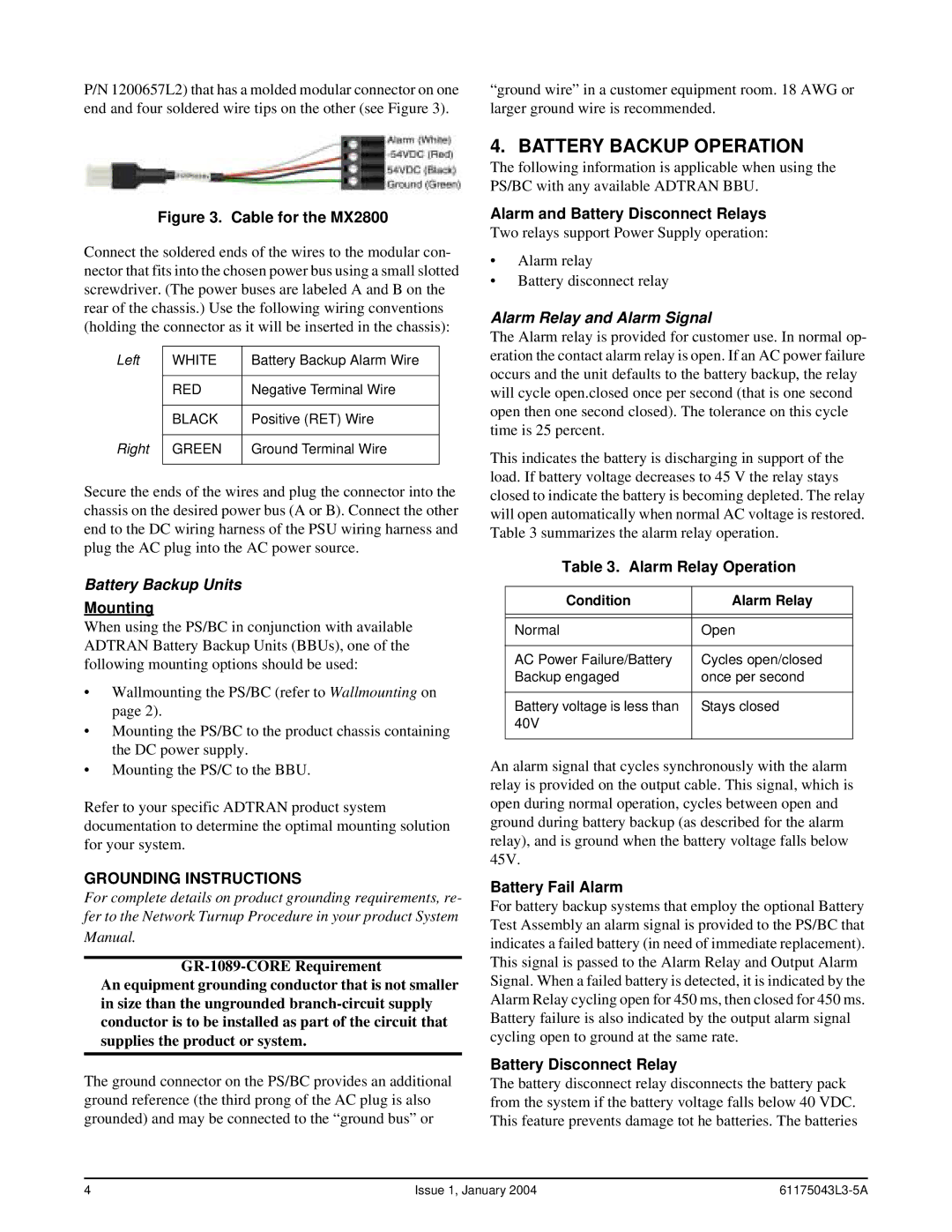 ADTRAN OPTI-3, MX2810 Battery Backup Operation, Battery Backup Units, Grounding Instructions, Alarm Relay and Alarm Signal 