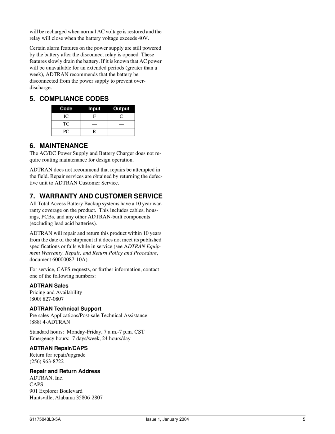 ADTRAN NIU3, MX2810, OPTI-3 warranty Compliance Codes, Maintenance, Warranty and Customer Service 