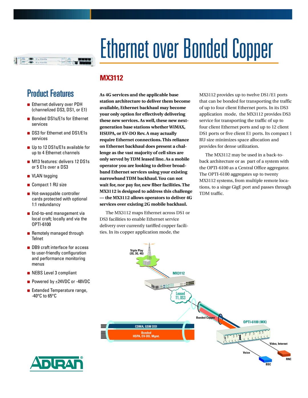 ADTRAN MX3112 manual Ethernet over Bonded Copper 