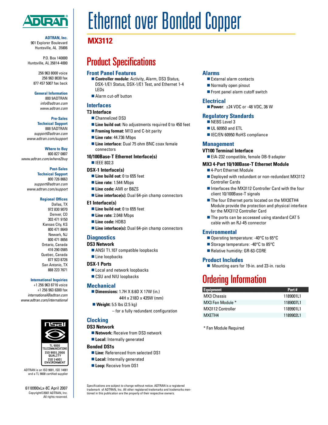 ADTRAN MX3112 Front Panel Features, Interfaces, Diagnostics, Mechanical, Clocking Alarms, Electrical, Regulatory Standards 