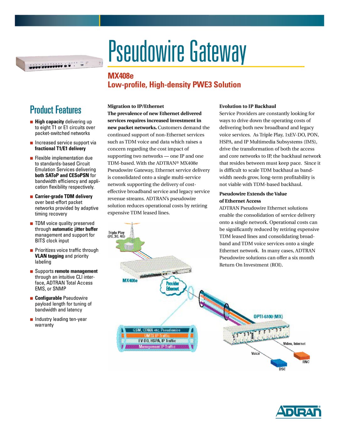 ADTRAN MX408e warranty Pseudowire Gateway 