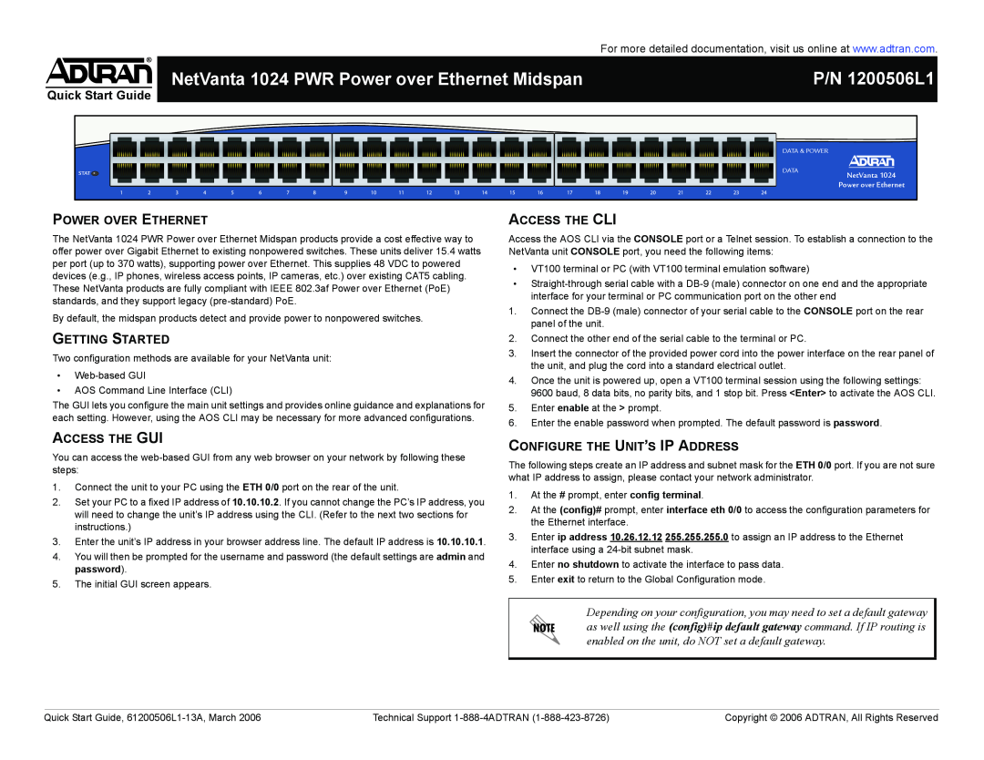 ADTRAN quick start NetVanta 1024 PWR Power over Ethernet Midspan, Quick Start Guide, Power Over Ethernet, P/N 1200506L1 