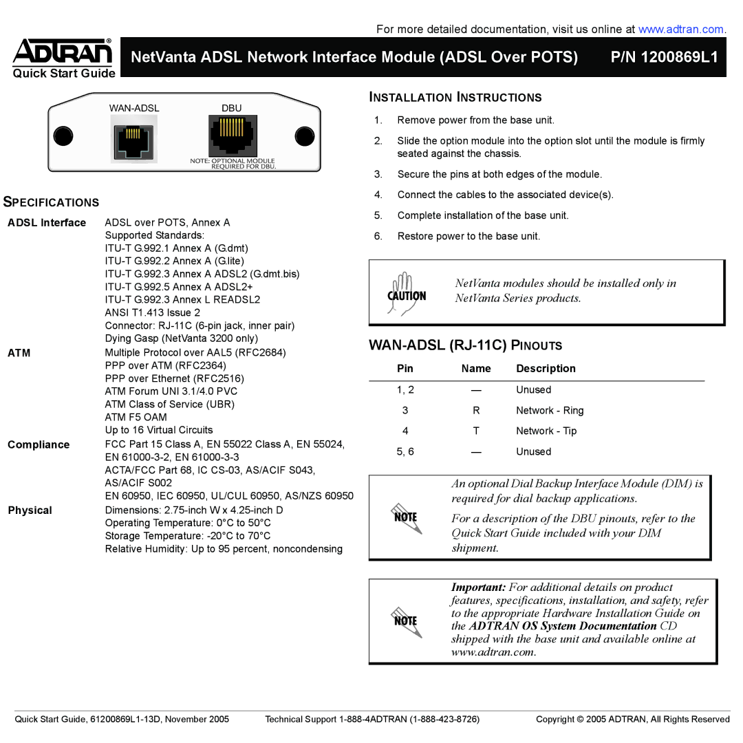 ADTRAN NetVanta ADSL NIM quick start Installation Instructions, Specifications 