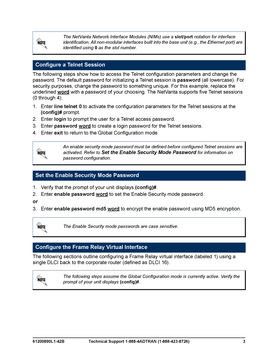 ADTRAN NetVanta Series manual Configure a Telnet Session, Set the Enable Security Mode Password 