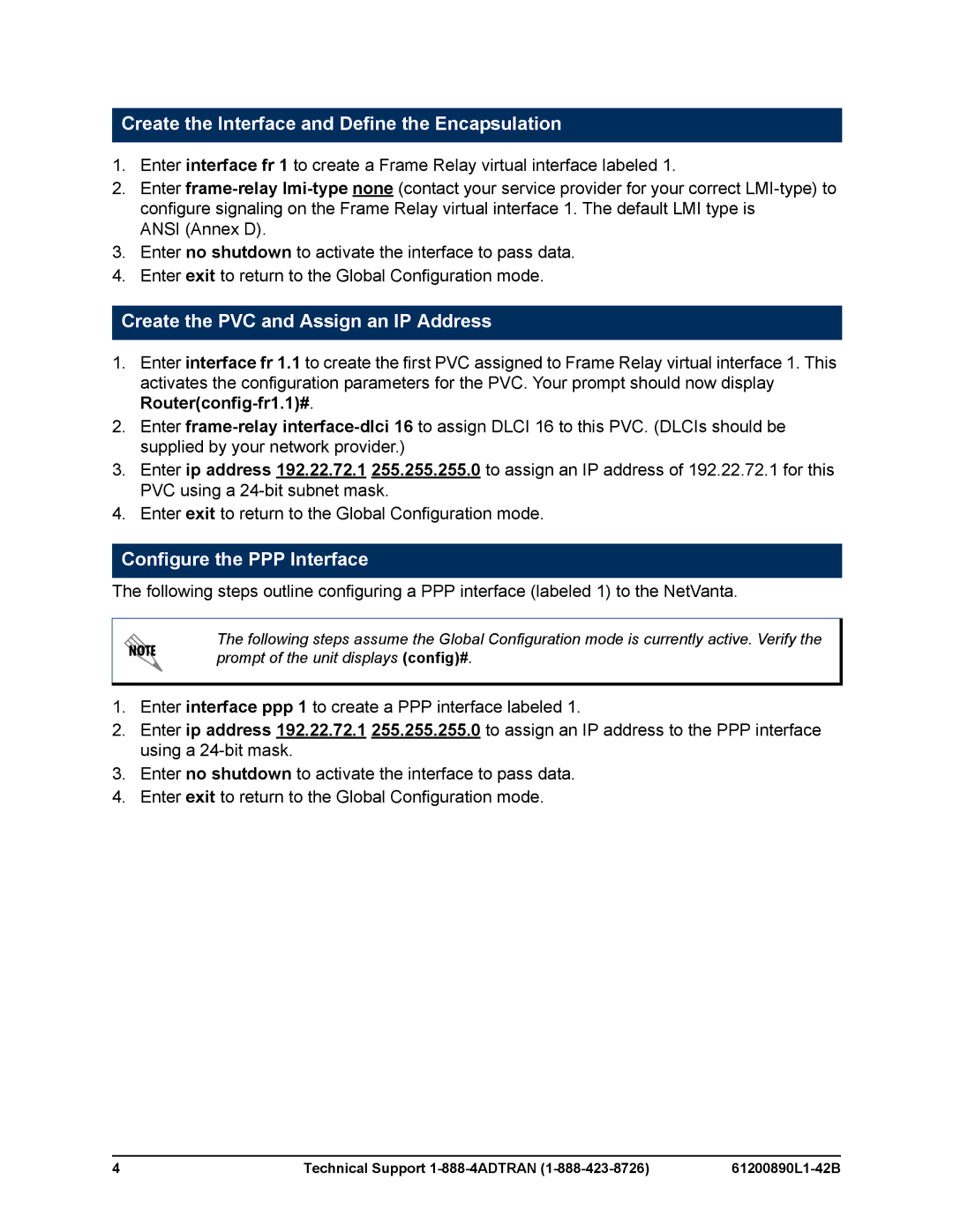 ADTRAN NetVanta Series manual Create the Interface and Define the Encapsulation, Create the PVC and Assign an IP Address 