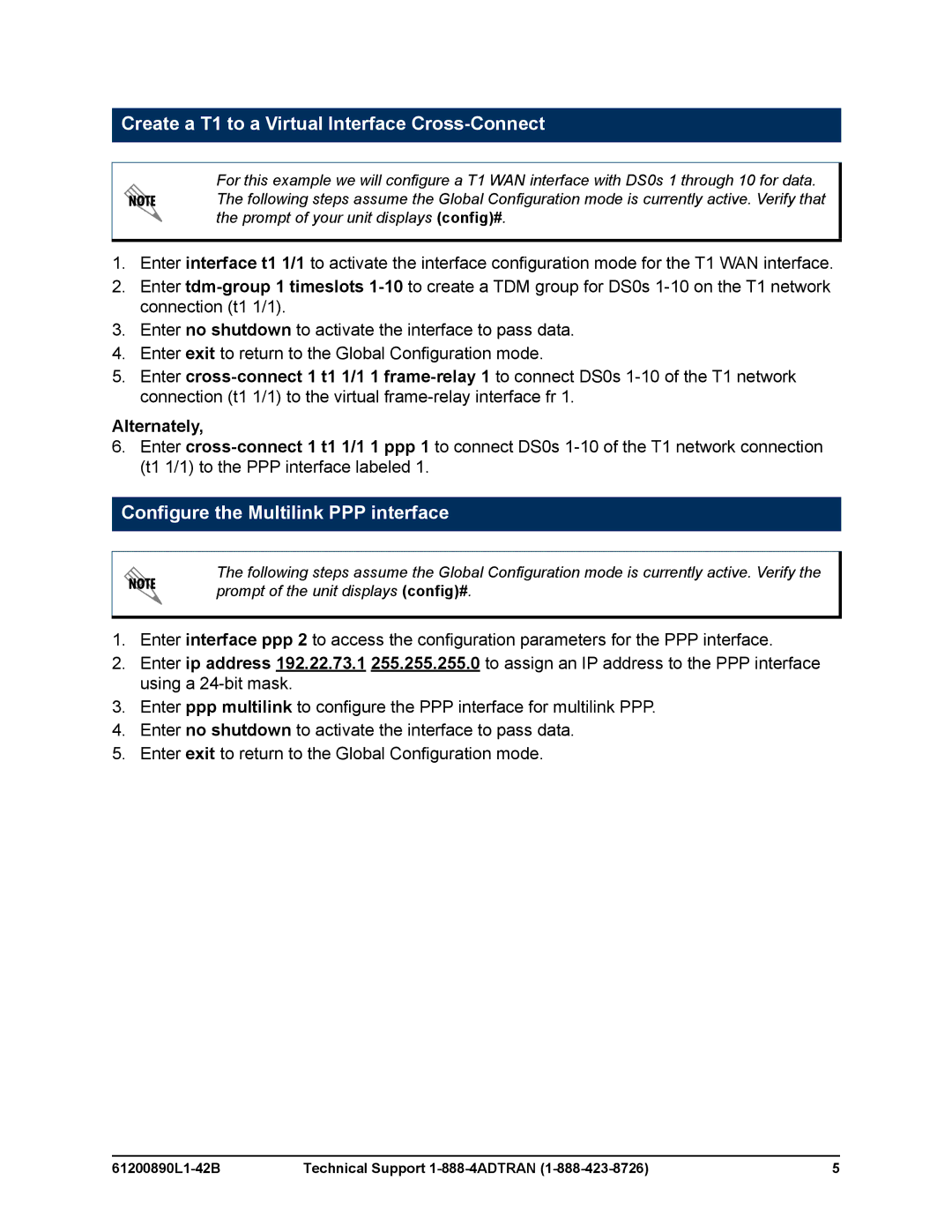 ADTRAN NetVanta Series manual Create a T1 to a Virtual Interface Cross-Connect, Configure the Multilink PPP interface 