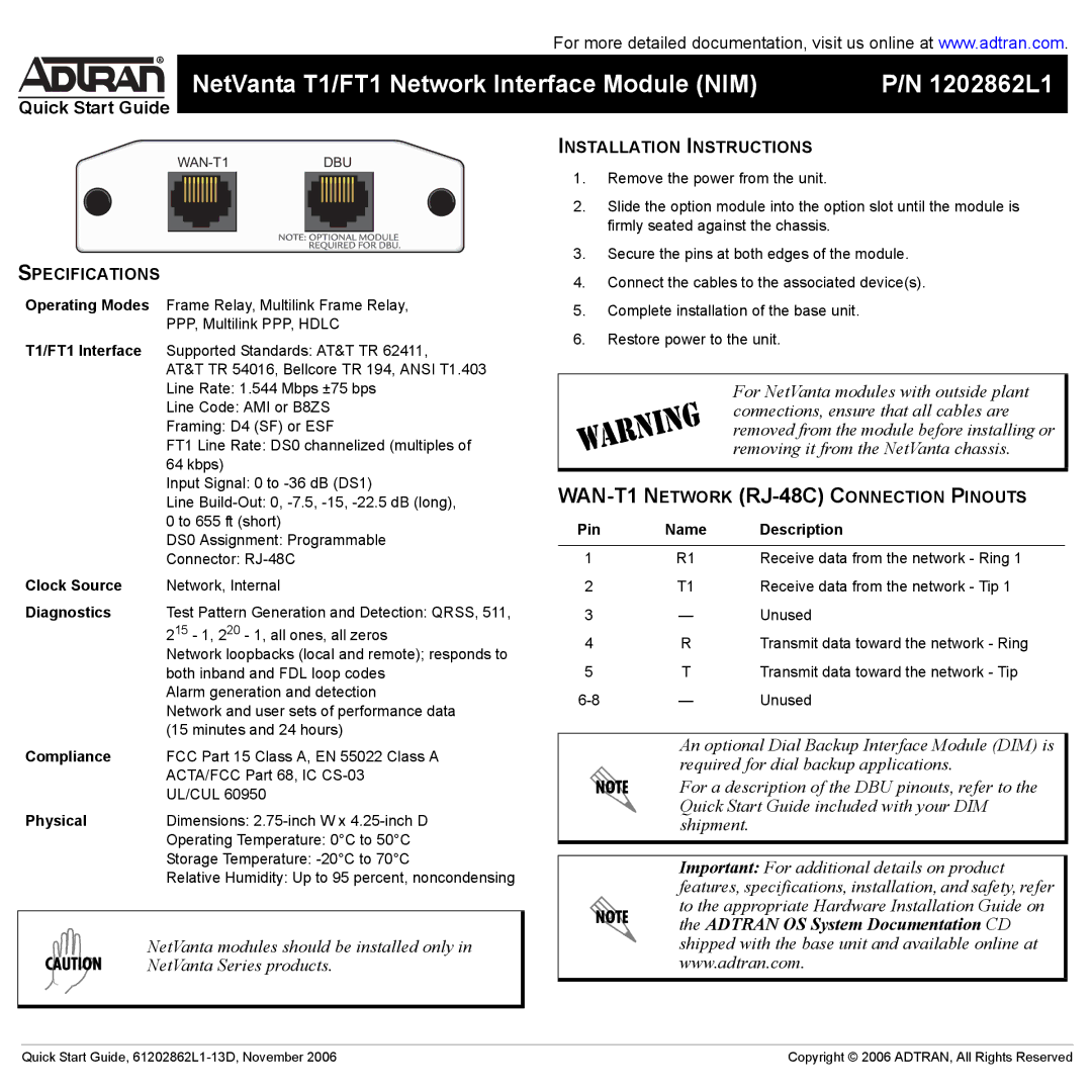 ADTRAN NetVanta T1/FT1 quick start Clock Source, Diagnostics, Compliance, Physical, Pin, Description 