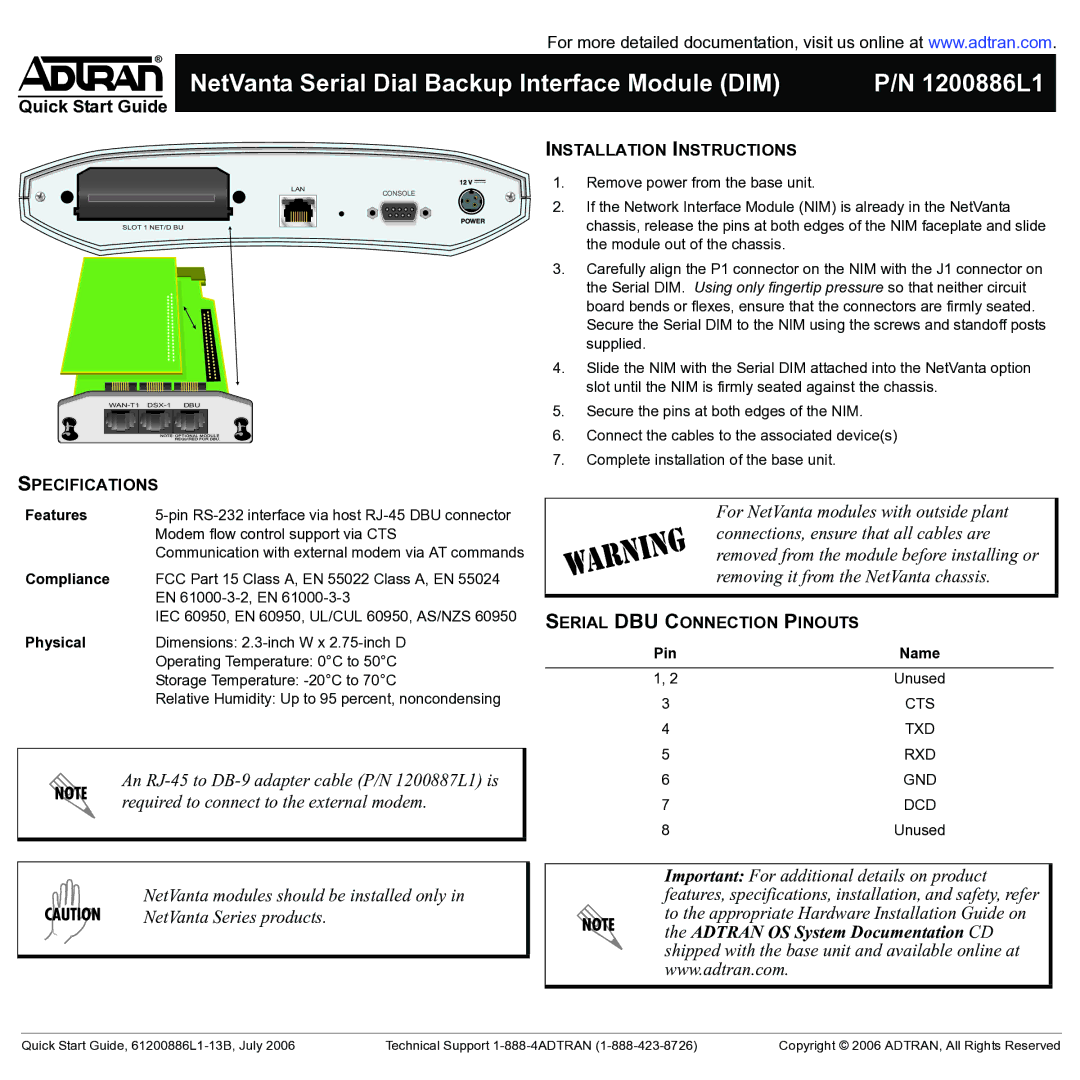 ADTRAN none quick start Specifications, Installation Instructions, Serial DBU Connection Pinouts 