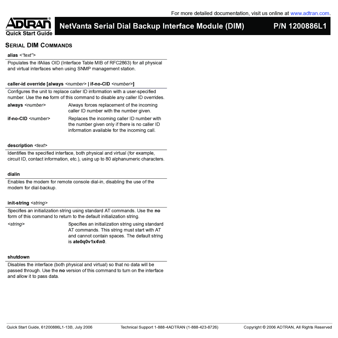 ADTRAN none quick start Serial DIM Commands 