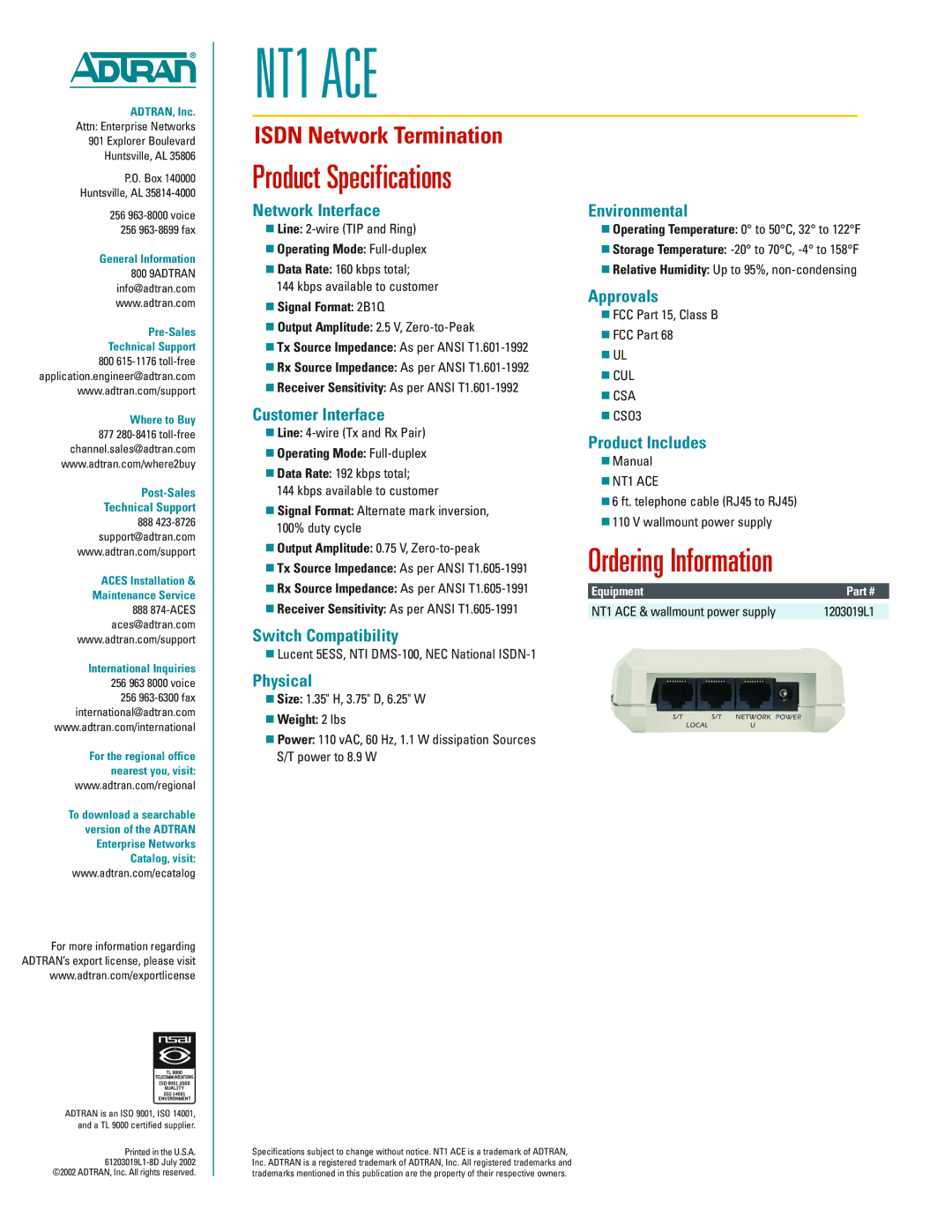 ADTRAN NT1 ACE warranty Product Specifications, Ordering Information 