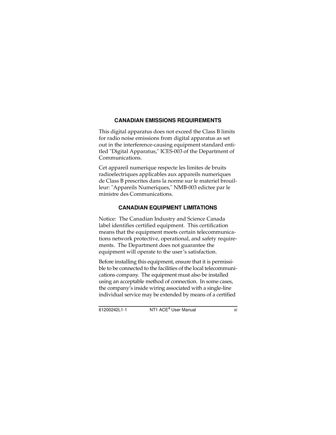 ADTRAN NT1 ACE4 user manual Canadian Emissions Requirements, Canadian Equipment Limitations 