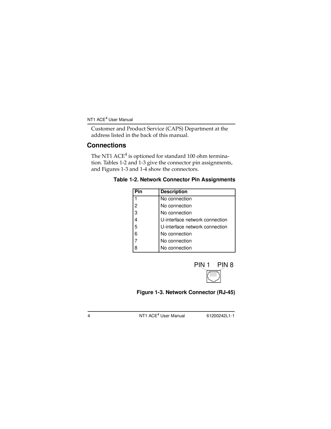 ADTRAN NT1 ACE4 user manual Connections, Network Connector Pin Assignments 