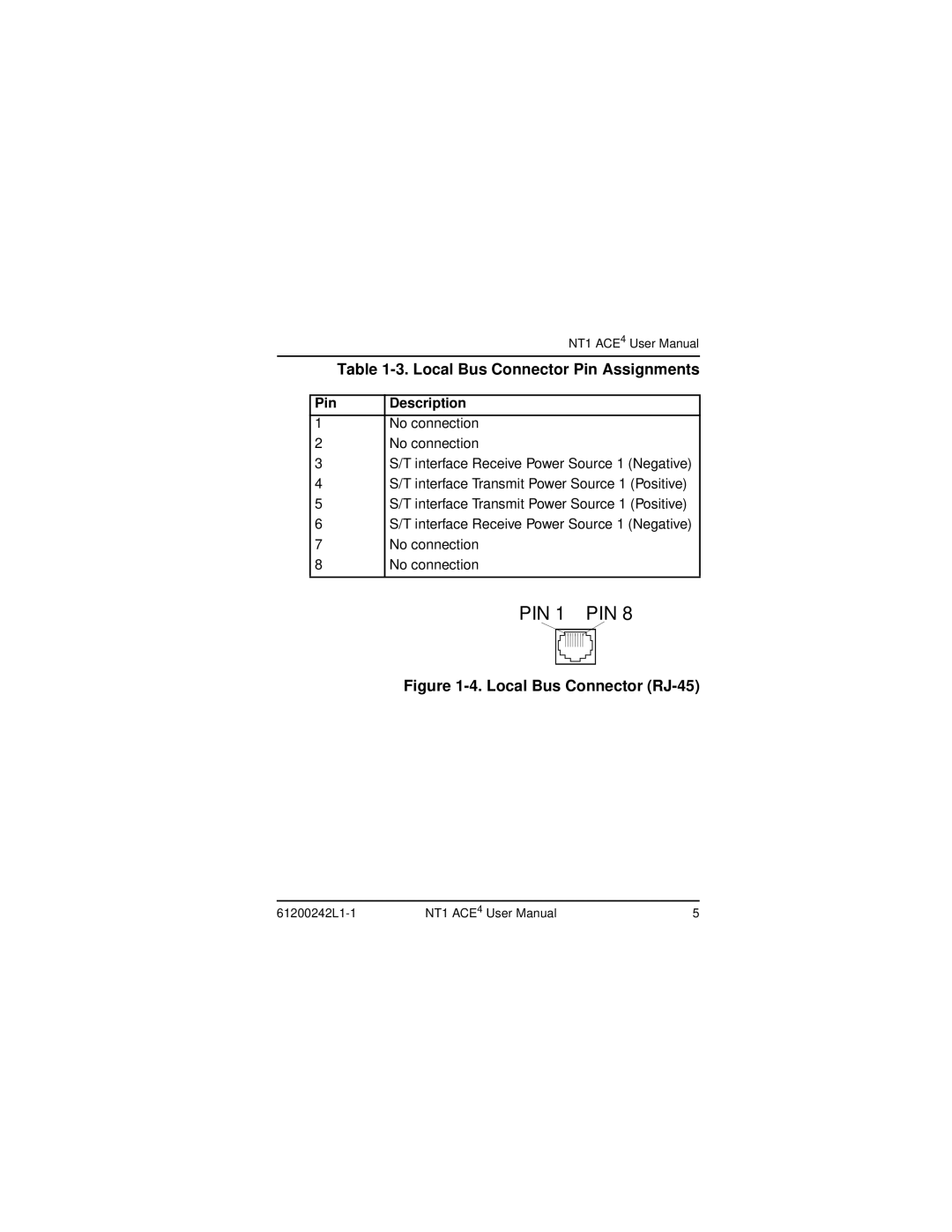 ADTRAN NT1 ACE4 user manual Local Bus Connector Pin Assignments, Local Bus Connector RJ-45 