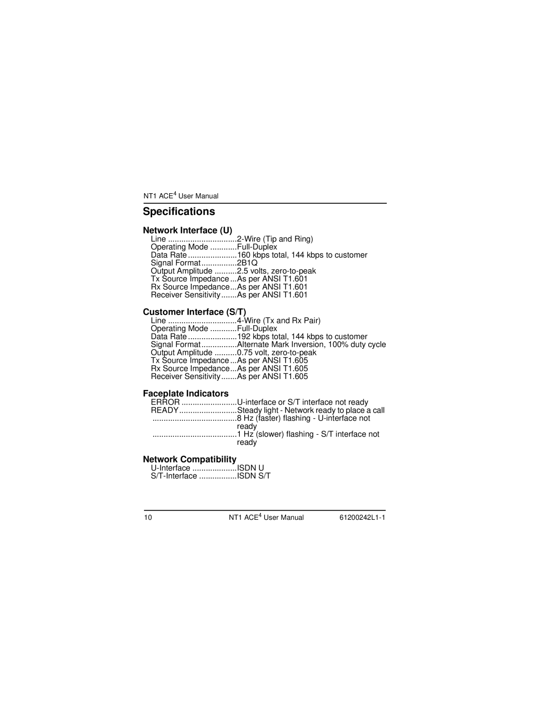 ADTRAN NT1 ACE4 Specifications, Network Interface U, Customer Interface S/T, Faceplate Indicators, Network Compatibility 