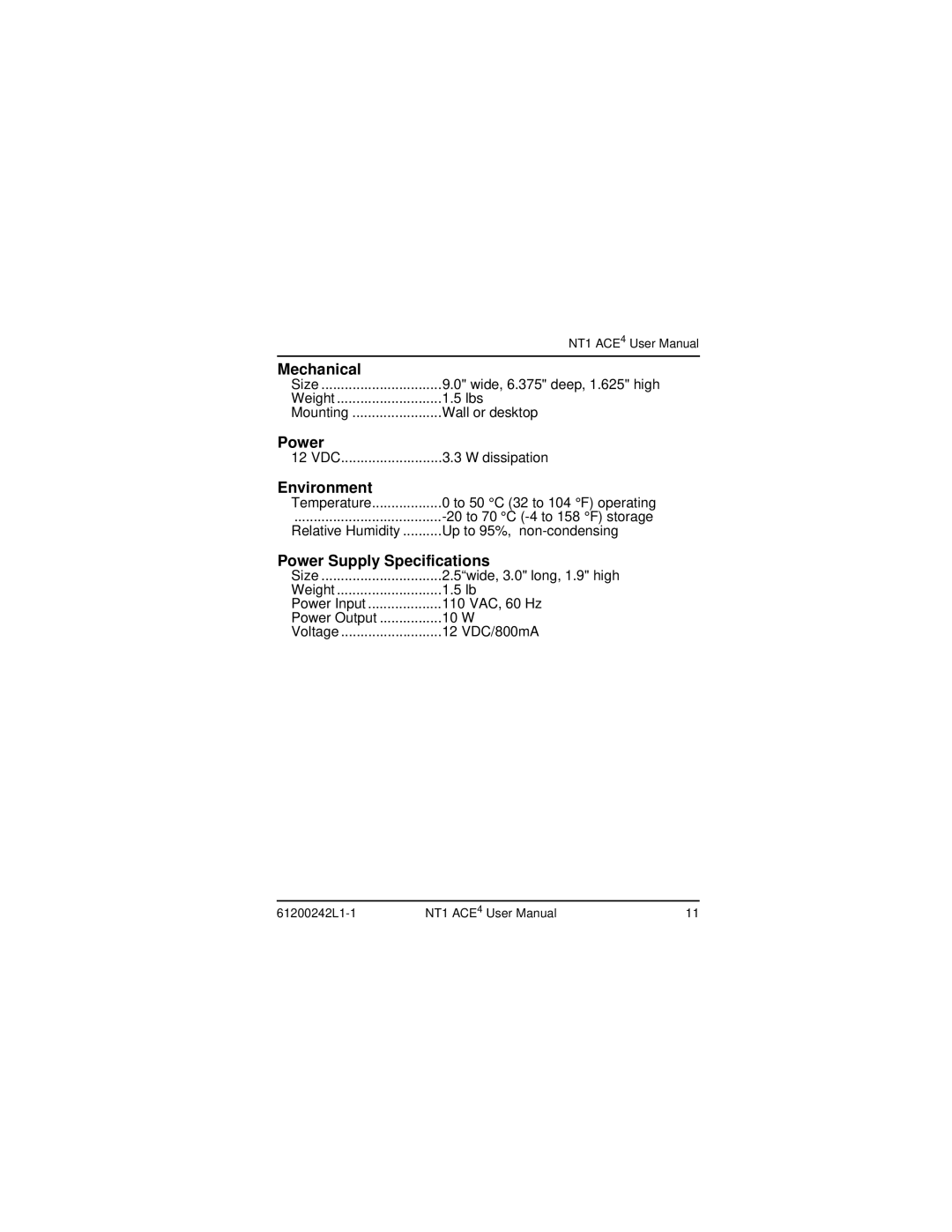 ADTRAN NT1 ACE4 user manual Mechanical, Environment, Power Supply Specifications 