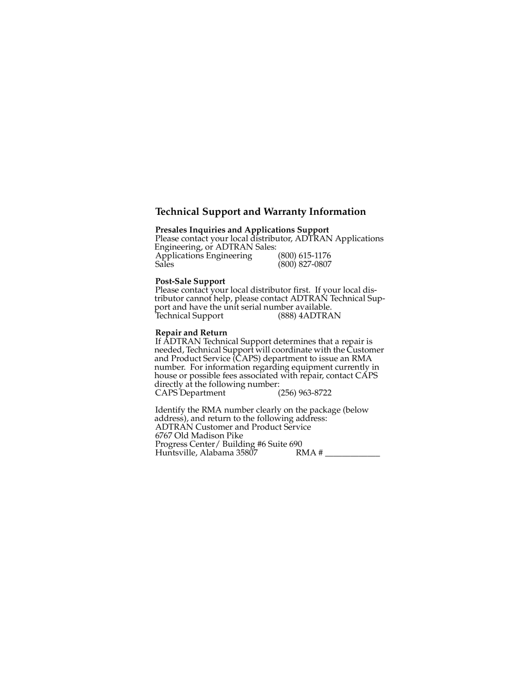 ADTRAN NT1 ACE4 user manual Technical Support and Warranty Information 