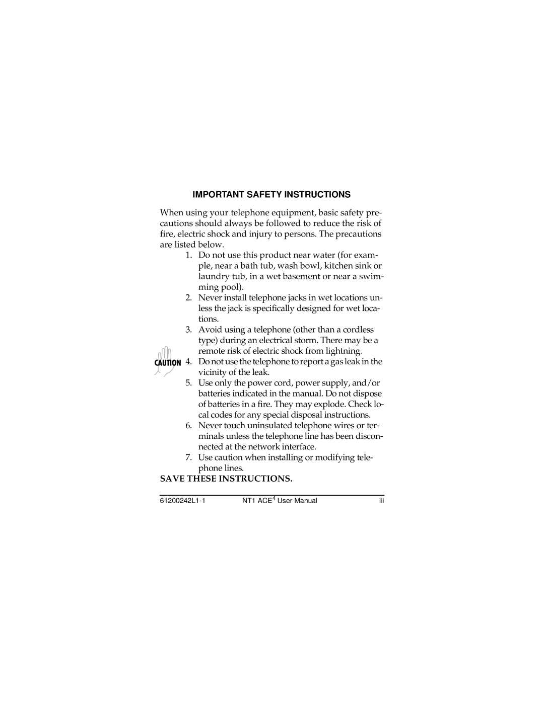 ADTRAN NT1 ACE4 user manual Important Safety Instructions 