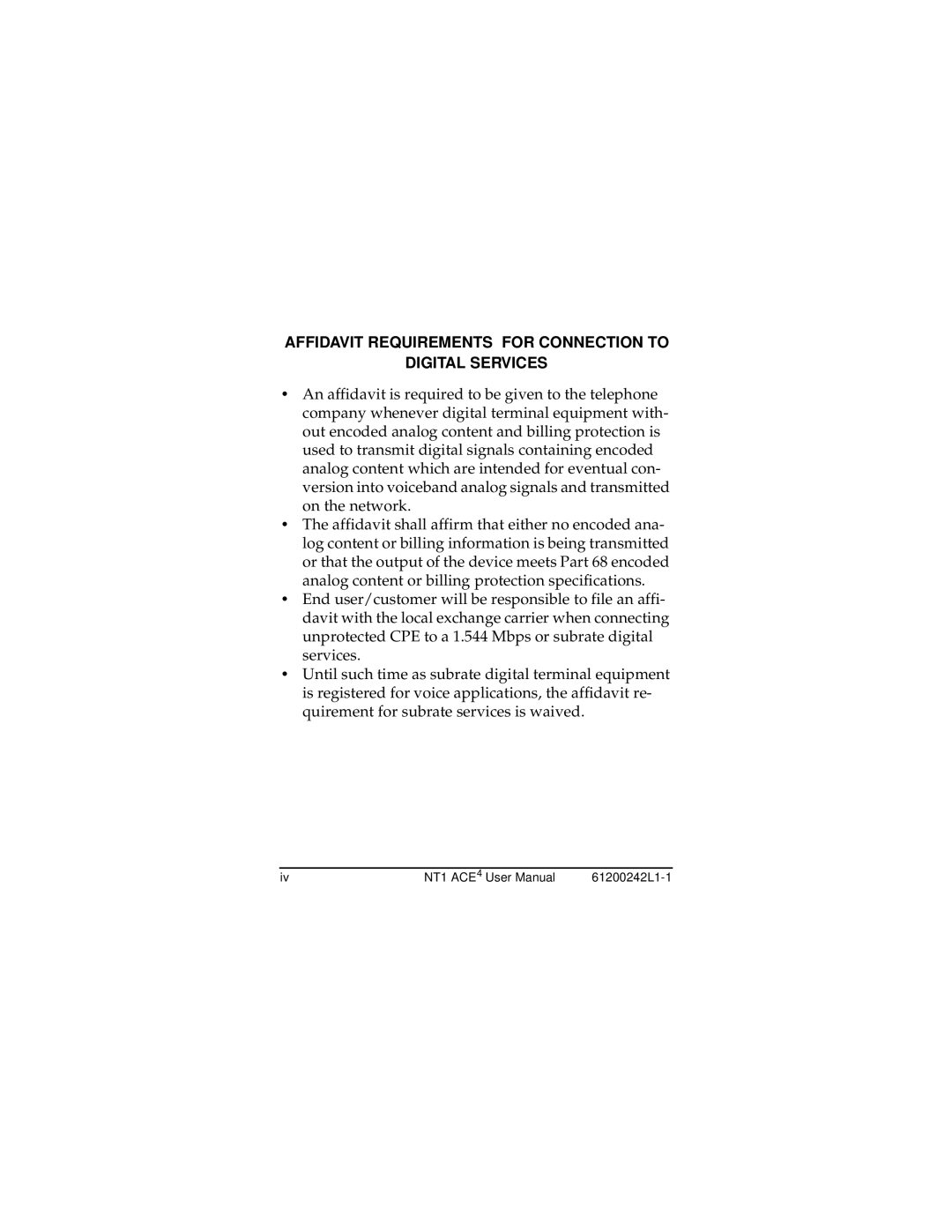 ADTRAN NT1 ACE4 user manual Affidavit Requirements for Connection to Digital Services 