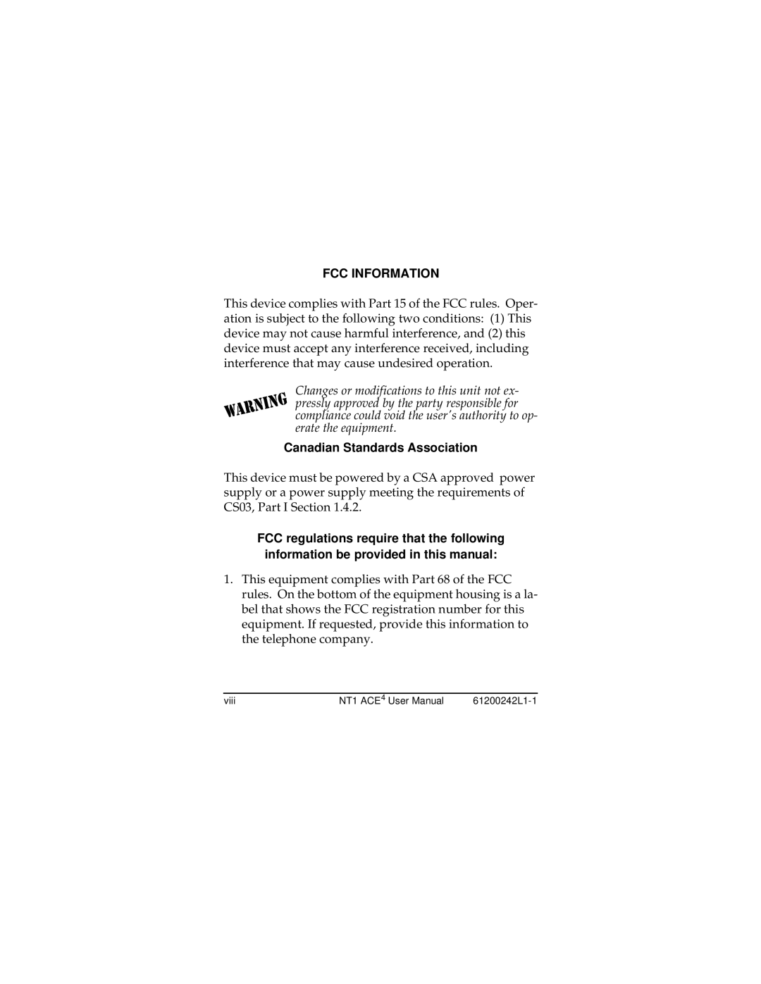 ADTRAN NT1 ACE4 user manual FCC Information, Canadian Standards Association 