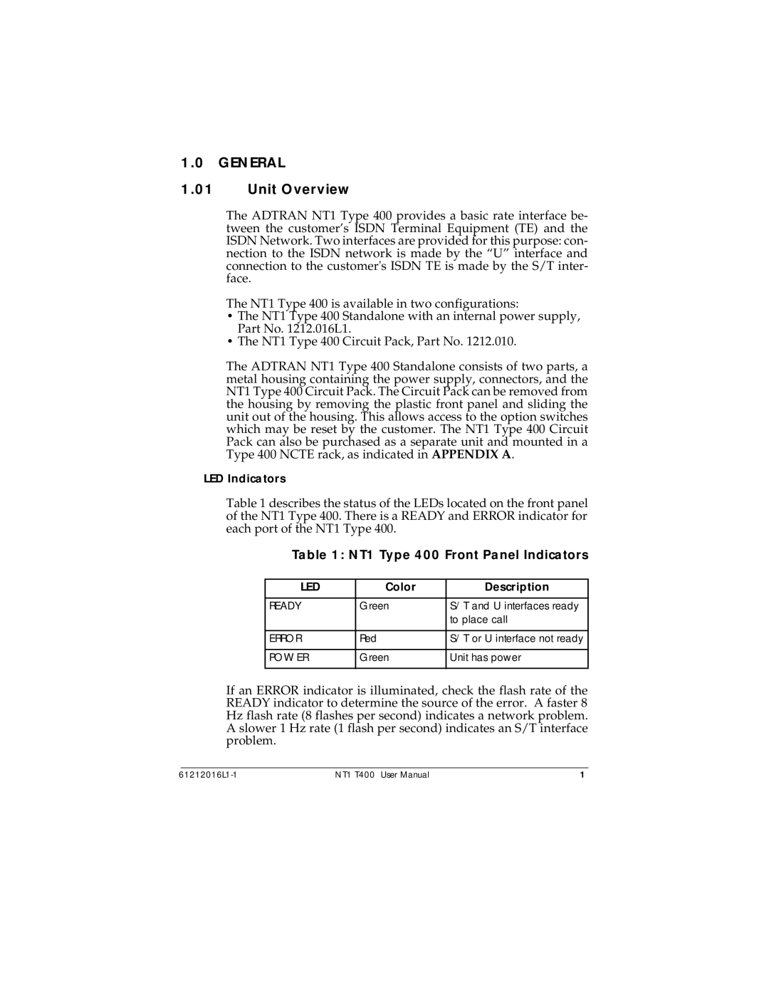 ADTRAN NT1 T400 user manual General, Unit Overview 