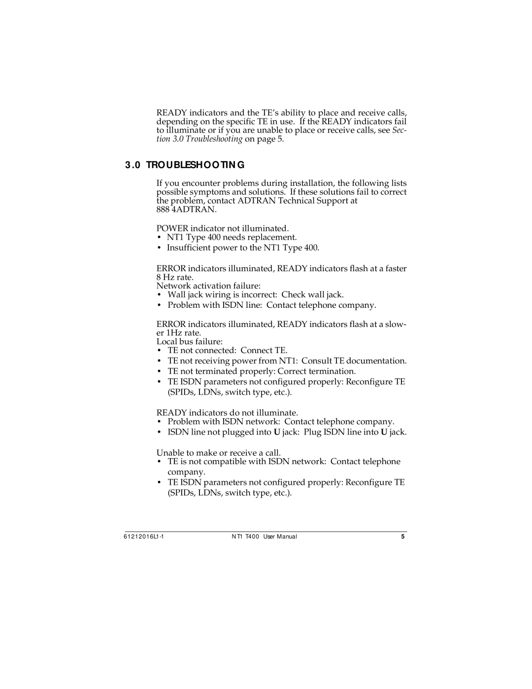 ADTRAN NT1 T400 user manual Troubleshooting 