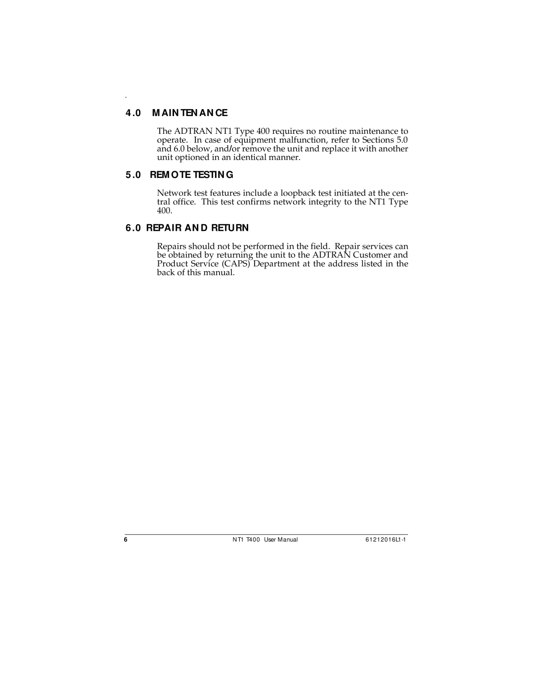 ADTRAN NT1 T400 user manual Maintenance, Remote Testing, Repair and Return 