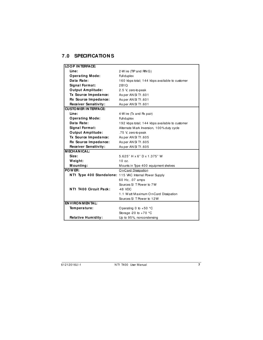 ADTRAN NT1 T400 user manual Specifications, Loop Interface 