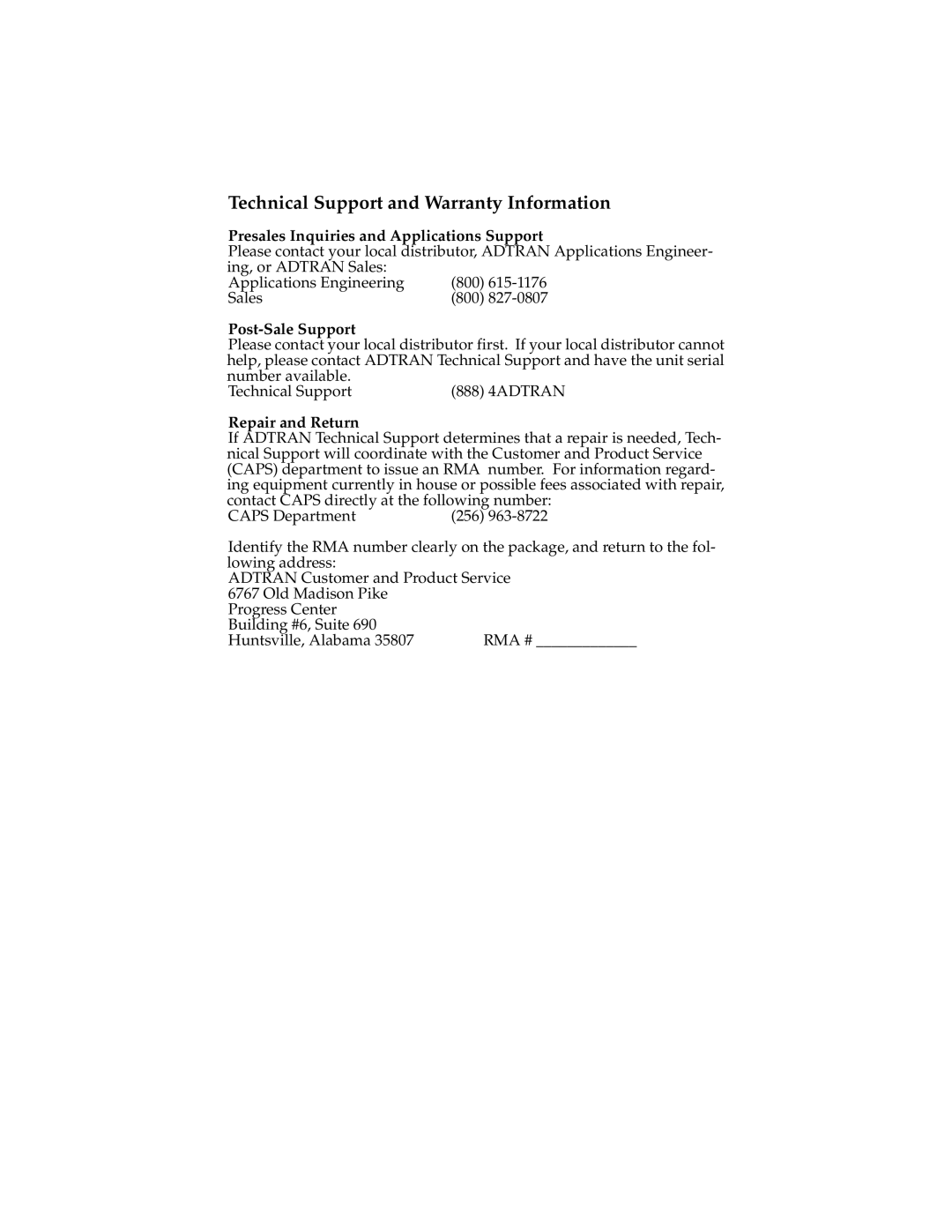 ADTRAN NT1 T400 user manual Technical Support and Warranty Information 