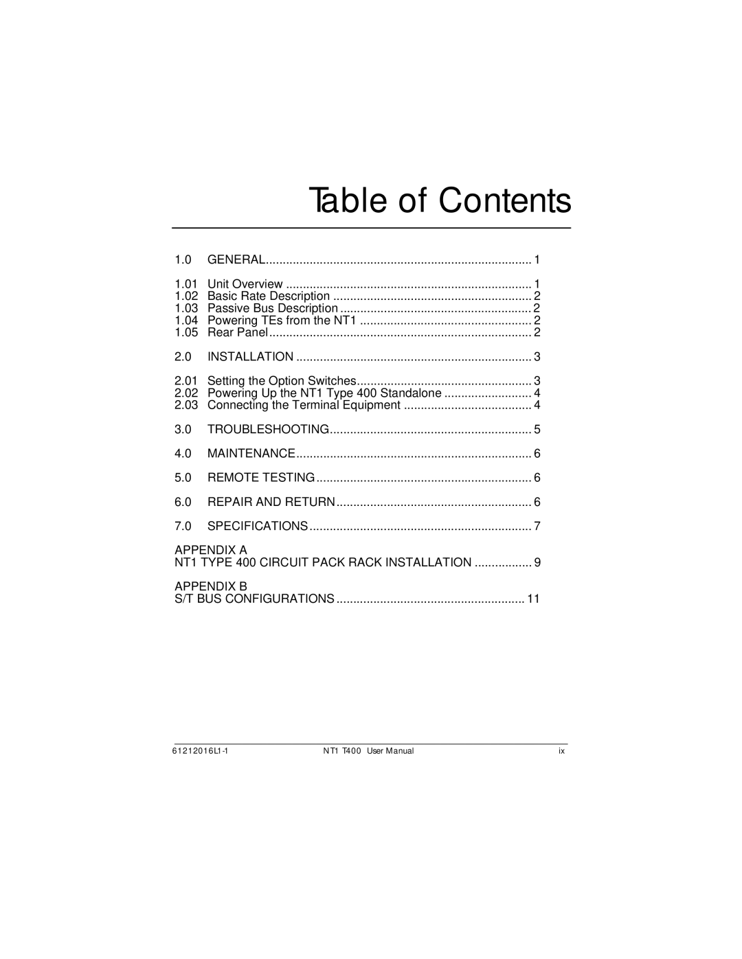 ADTRAN NT1 T400 user manual Table of Contents 