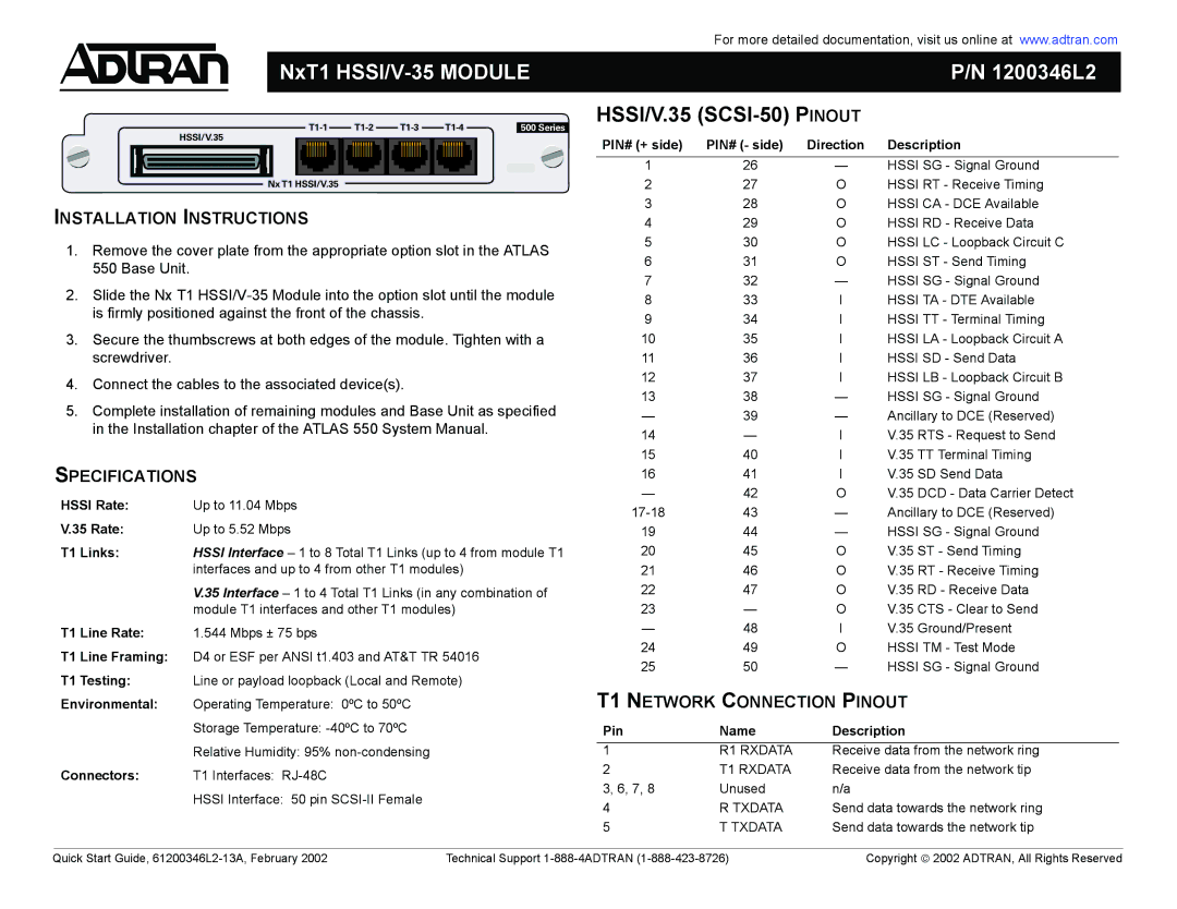 ADTRAN NxT1 HSSI/V-35 installation instructions HSSI/V.35 SCSI-50 Pinout, Installation Instructions, Specifications 