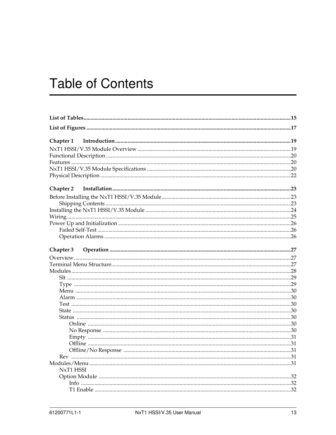 ADTRAN NxT1 HSSI/V.35 user manual Table of Contents 